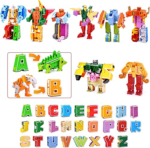 OBEST 26Pcs Letras Transformación Juguetes de Robot, A-Z Bloques AlfabéTicos Deformados de Dinosaures/Animales/Robots, Bloques Construcción para El Aprendizaje Creativo del Alfabeto Regalo 6+ Ans Niñ