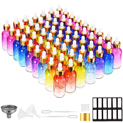 Prettycare Eye Dropper Bottle 2 Oz (63 Pack Rainbow Glass Bottles 60Ml With Golden Caps, 2 Extra Eye Droppers, 120 Labels, 10 Funnel & Measured Pipettes) Empty Tincture Bottles For Essential Oils #TOP16