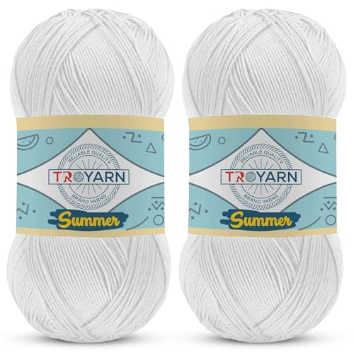 Image of TROYARN Summer (2- Skeins Pack) Silk Effect Hand Knitting Yarn Crochet Art Lace Craft 100% Microfiber Acrylic 2x100 gr (2x383 yds) (1051055 - Sugar White)