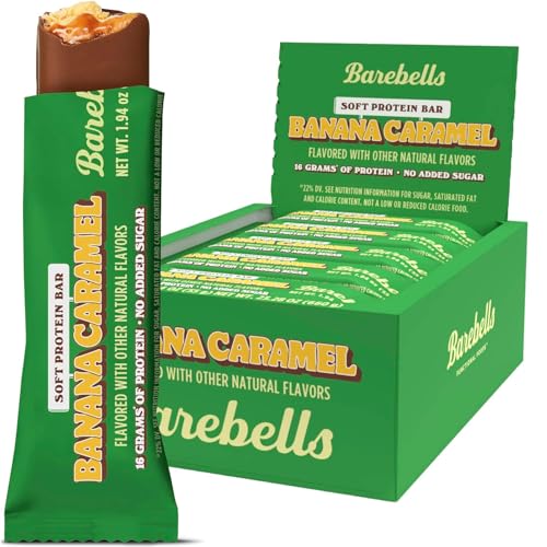 Image of Barebells Soft Protein Bars Banana Caramel - 12 Bars (1 pack of 12) - Protein Snacks with 16g of High Protein - Fluffy Chocolate Treat with 2g of Total Sugars - Soft Protein Snack & Breakfast Bars