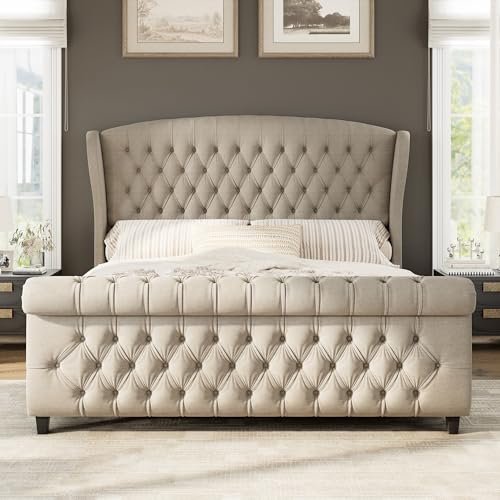 Image of AMERLIFE King Size Platform Bed Frame, Linen Upholstered Sleigh Bed with Scroll Wingback Headboard & Footboard /Button Tufted /No Box Spring Required /Khaki