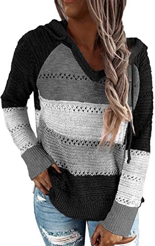 FEKOAFE Womens Causal Striped Color Block Long Sleeve V Neck Hoodies Pullover Black Fall Hollow Out Sweaters L