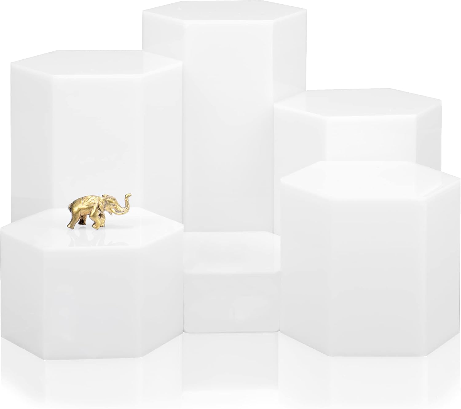 Red Co. Glossy White Hexagonal Acrylic Jewelry Figure Showcase Display Riser Stands with Hollow Bottoms |6-Pack
