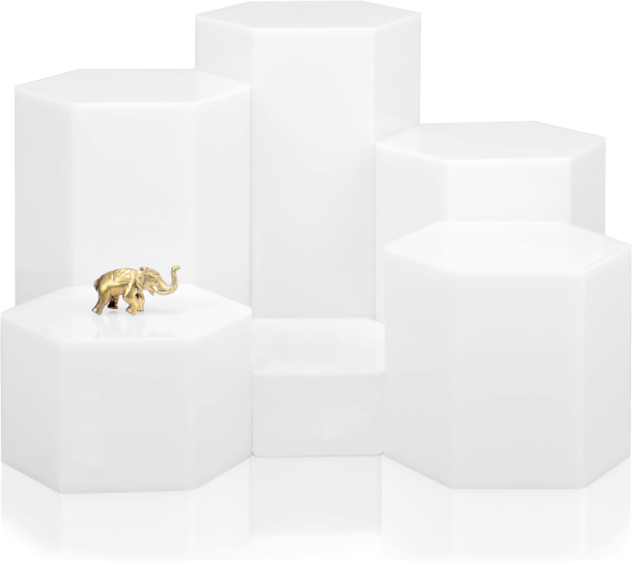 Red Co. Glossy White Hexagonal Acrylic Jewelry Figure Showcase Display Riser Stands with Hollow Bottoms |6-Pack