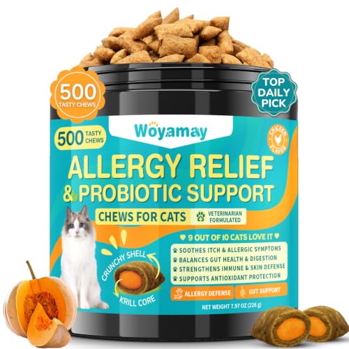 Woyamay Cat Allergy Relief for Cats with Probiotics 500 Crunchy Cat Probiotic & Allergy Chews Cat Allergy Treats to Stop Itching & Scratching Probiotics for Cats Support Gut Health Chicken Flavor