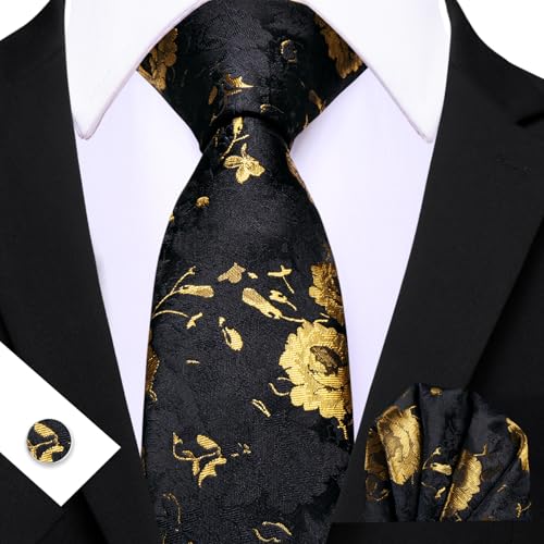 Image of Barry.Wang Flower Ties for Men Silk Woven Floral Tie Sets Necktie Handkerchief Cufflinks Wedding Party