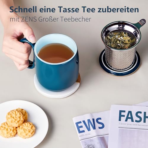 ZENS Teetasse mit Deckel und Sieb, 480ml Große Teebecher Geschenke, Blau – Bild 5