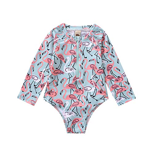 Yixius Baby Girl Swimsuit Infant Zip Bathing Suit Floral Bird Swimwear Romper Long Sleeve One-Piece Surfing Suit, Flamingo, 1-2T