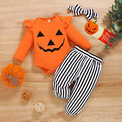 Halloween Baby Girl Clothes, Thanksgiving Toddler Girl Outfit Ruffle Top+Pumpkin Print Skirt Sets+Headband Yellow - Thumbnail 4