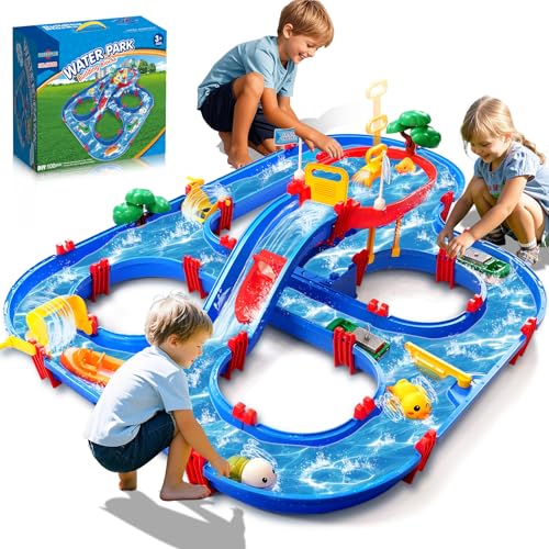 TERRAMUS Double-Tier Kids Water Table Toys 100PCS Water Park Playset with Pump DIY Toddler Waterways Summer Outdoor Toys for Backyard Lawn Beach Pool Outside Activity Funs for Boys Girls 4-8 3-5