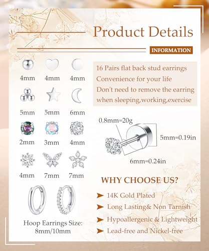 WAINIS 16 Pairs Surgical Steel Flat Back Earrings Gold Hoop Earrings Sets for Multiple Piercing Hypoallergenic 20G Gold Earring Studs for Women Cartilage Flatback Earrings Stacks Helix Piercing Jewelry3