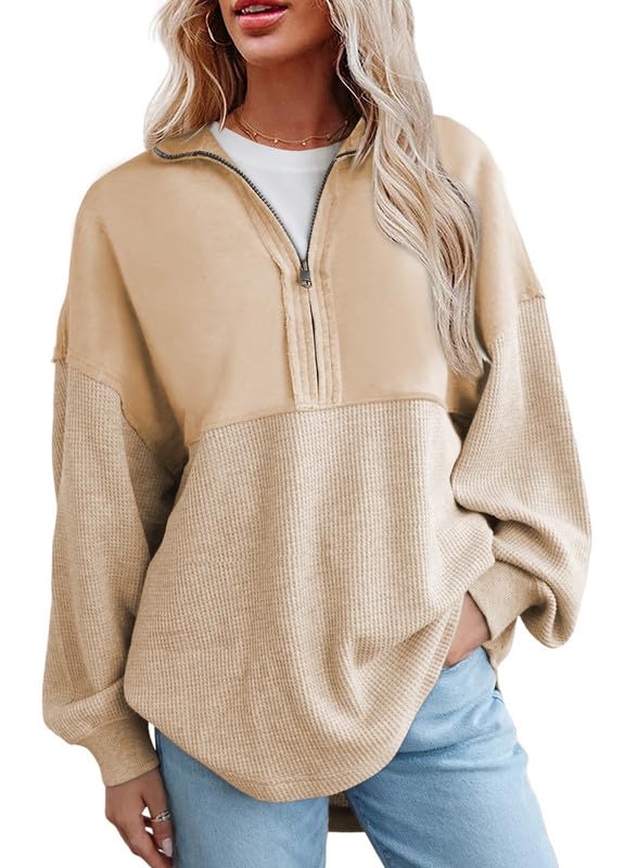 SHEWINWomens Fall Sweatshirt Casual Waffle Knit Half Zip Pullover Loose Long Sleeve Tops