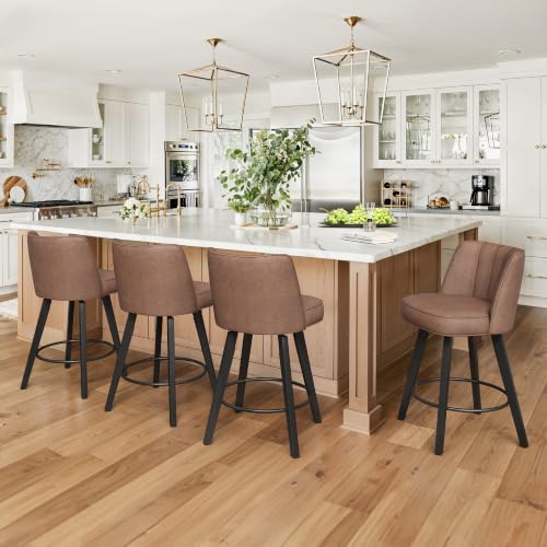 Image of LUE BONA 360-degree Swivel Bar Stools Set of 4, 26 inch Counter Height Bar Stools with High Back and Wood Legs, Morden Faux Leather Upholstered Barstools for Kitchen Counter, Saddle Brown