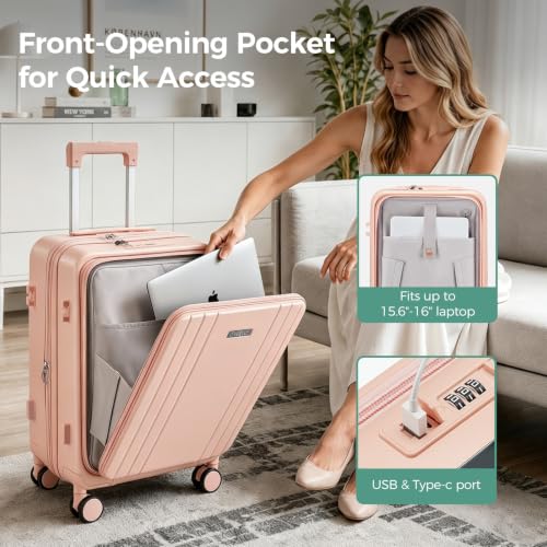 Image of Carry on Luggage Top opening Suitcases, Expandable with Cup&Phone Holder and USB Charging Port,Hardside with Front Pocket Rolling Suitcases with Spinner Wheels & YKK Zippers (Pink, 20 Inch)