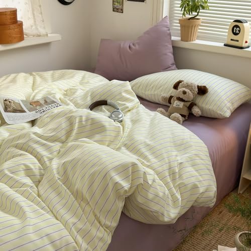 Image of VM VOUGEMARKET Kawaii Cream Yellow Purple Striped Microfiber Duvet Cover Set, Lightweight Soft Pastel Line Pattern Bedding Set for Cozy Aesthetic Bedroom-Queen,90 inchx90 inch