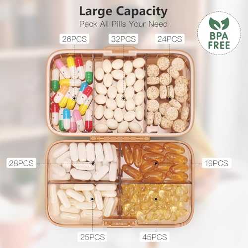 Image of FYY Weekly Pill Organizer with Labels,8 Compartments Travel Daily Pill Case Airtight Moistureproof Large Pill Box to Hold Vitamins, Fish Oil, Supplements,Cotton Swab and Bandages-Brown