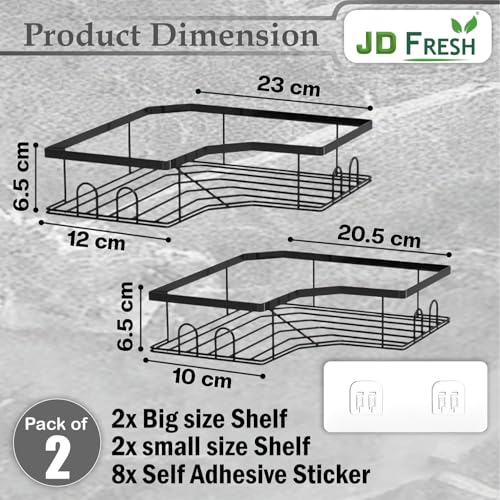 Image of JD FRESH Multipurpose Bathroom Organizer Shelf Rack Corner Without Drill /Self Adhesive Accessories Holder for Kitchen /Wall Mounted Organizer for Bathroom Space Saving Shelf Corner (Black, Pack of 2)