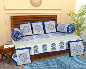 Ruby Creation 100% Cotton Floral Print Diwan Set Bed Sheet Width 60 Inch Length 90 inch Cushion Cover Length 15 inch /40 cm Width 15 inch /40 cm bloster Cover Length 29 inch /75cm (Royal Blue)