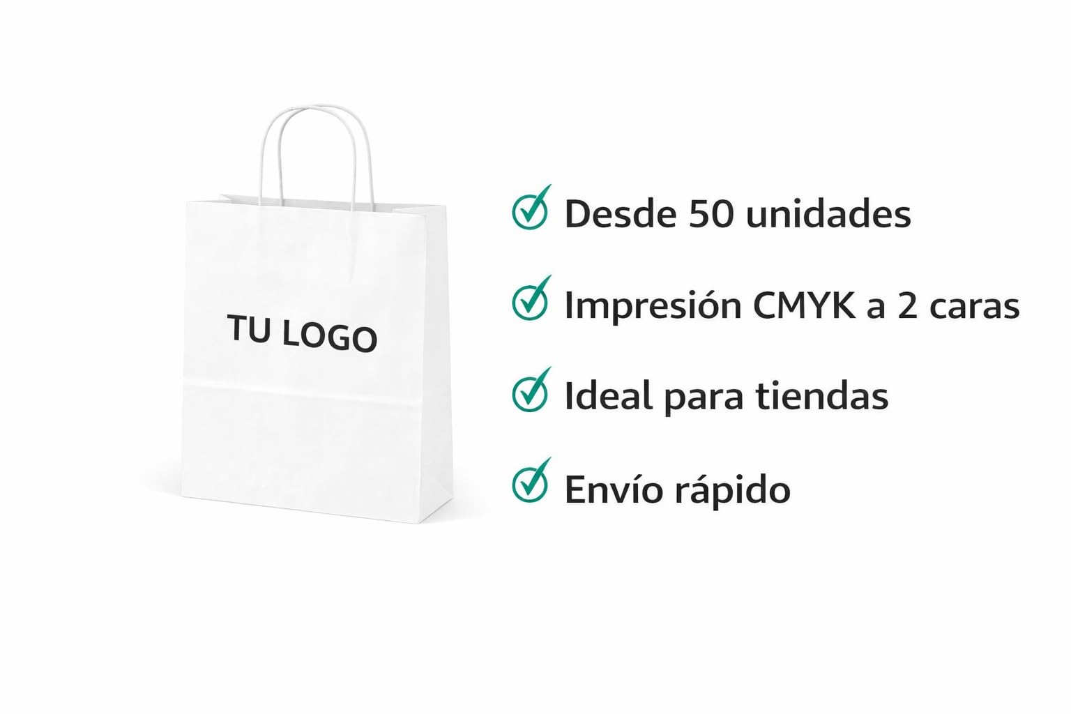 Bolsas de Papel Blanco Personalizadas 18x24 cm con Asa Rizada – Impresión CMYK a Color – Entrega 24/48h – Resistentes para Tiendas, Eventos y Regalos – Pack 50 y 100 (150)