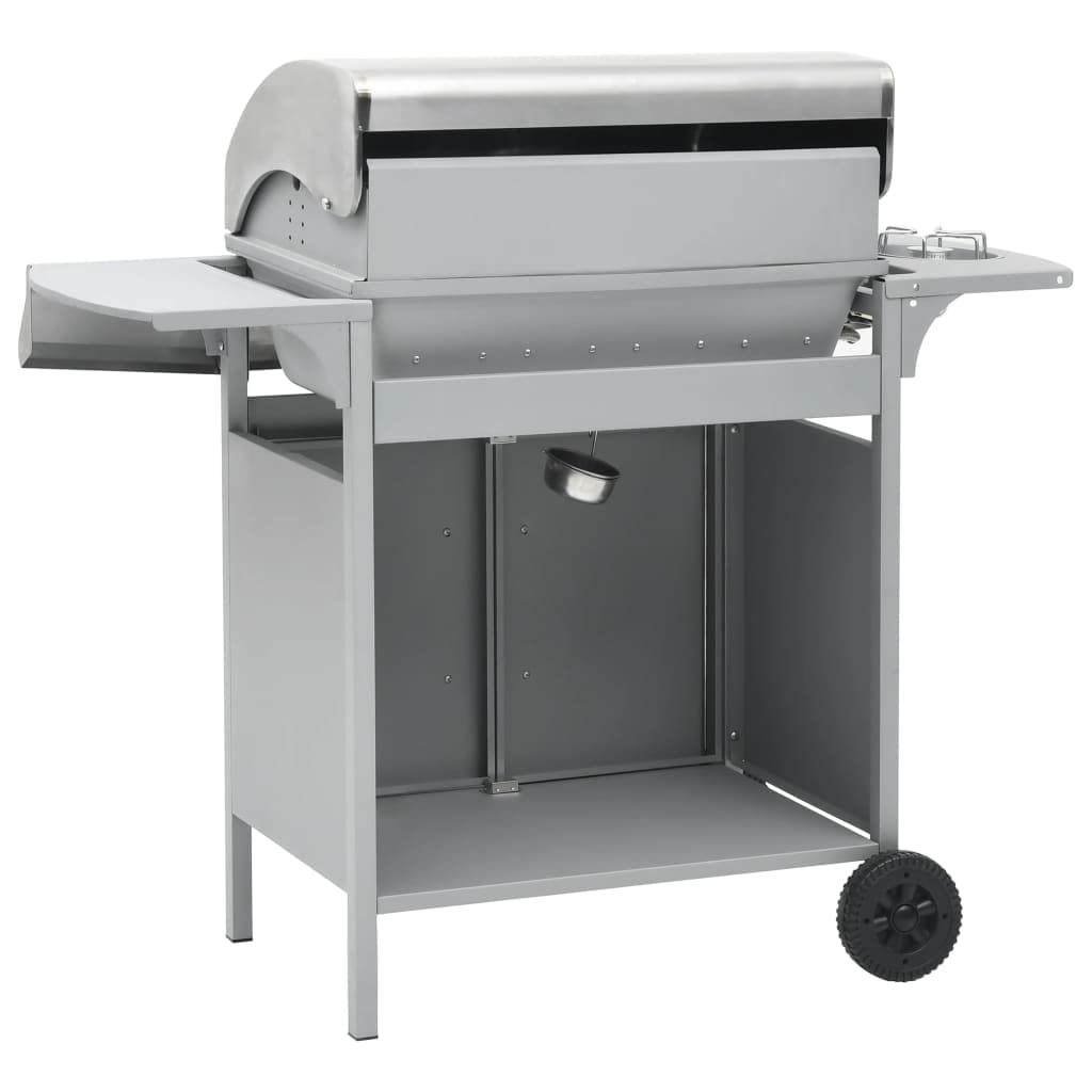 Barbecue a gas 4+1 in acciaio inox con bruciatore laterale e mobiletto inferiore, carrello con coperchio, termometro e vaschetta raccogligrasso per terrazza e giardino