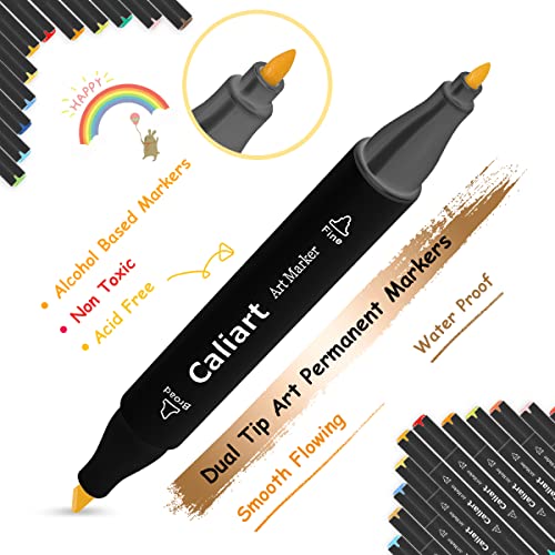 Image of Caliart Markers, 100 Colors Dual Tip Art Markers Sketch Pens Permanent Alcohol Based, with Case for Adults Artists Drawing Illustration Sketching Coloring (Black Barrel)