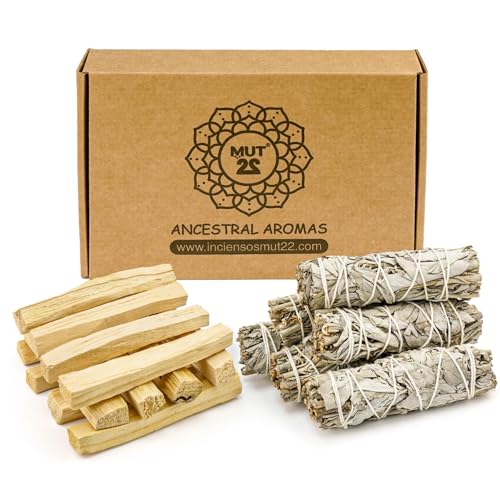 MUT22 6 Salvia Blanca Mini y 12 Palo Santo Sagrada para Quemar - Hierba de Purificación y Armonía: Salvia Apiana 100% Natural, Ideal para Limpieza Espiritual y Rituales Energéticos