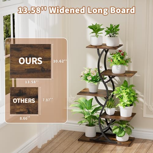 Image of Plant Stand Indoor with Grow Lights - 5 Tiered Corner Plant Shelves (Brown) | 44 inch Tall Metal Plant Shelf, S-Shape Lighted Flower Holder Dispaly Rack for Living Room, Home, Patio, Balcony