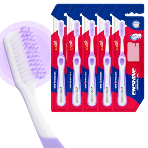 Image of Enshine Advance Clean+ Soft Toothbrush for Adults - Pack of 5 | Ultra Soft Tapered PBT Bristles | Tooth Brush Set with Non-Slip Grip | Manual Toothbrushes for Sensitive Gums & Enamel | Color Purple