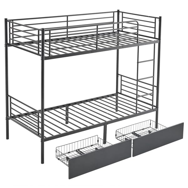 Generic Twin Over Twin Bunk Bed with Two Storage Drawers & Full-Length Guard Rail, Heavy Duty Metal Bunk Bed for Adults, Black