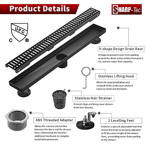 Image of Sharp-tec 24 inch Linear Shower Drain, Black Rectangular Floor Drain, V-Shape Design Drain Channel, 304 Stainless Steel, cUPC Certificated for Bathroom Shower Room (Drain Base is Not Included)