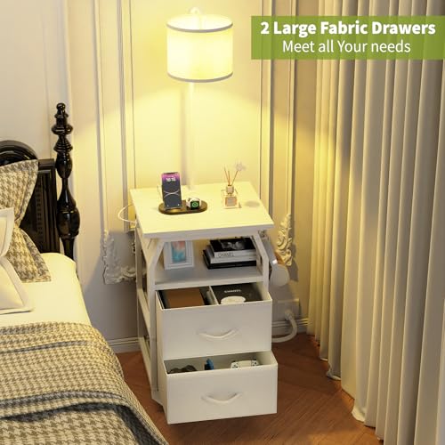 Image of runjuly Floor Lamp with Table, End Table with Light and Charging, White
