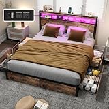 ANYHAVE Queen Size Bed Frame with 4 Storage Drawers and Headboard with Charging Station and LED Lights,2 Tier Solid Wood Headboard Storage,Noise Free, No Box Spring Needed,Remote Control/Vintage Brown