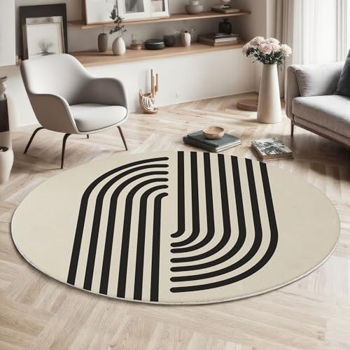 Tapis de chambre à coucher rond beige et doux imprimé géométrique