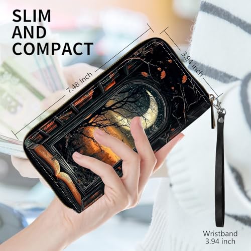 Womens Wallet, PU Leather RFID Cute Wristlet Wallets for Girls Women Ladies Purse Large Credit Card Clutch Purse Card Holder Coin Pocket Travel Wallets with Zipper, Bookshelf Moon2