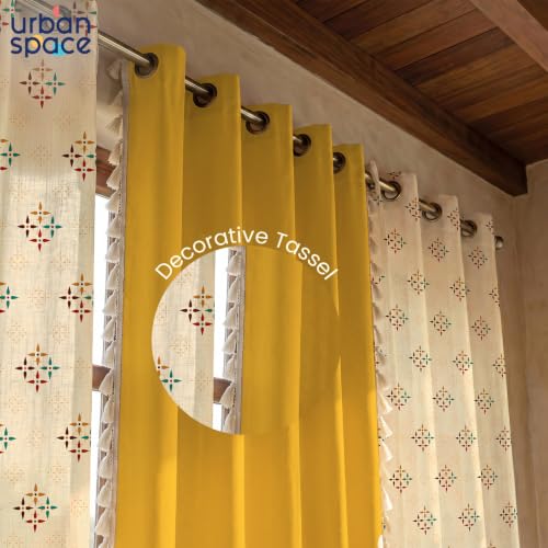 Image of Urban Space Floral 100% Cotton Curtains For Door, Combo Set Of 3 Curtains 7 Feet Long, 60-65% Room Darkening Curtain, Tieback & Eyelets Included With Curtains For Home Decor (Mosaic Yellow, 7 Feet)