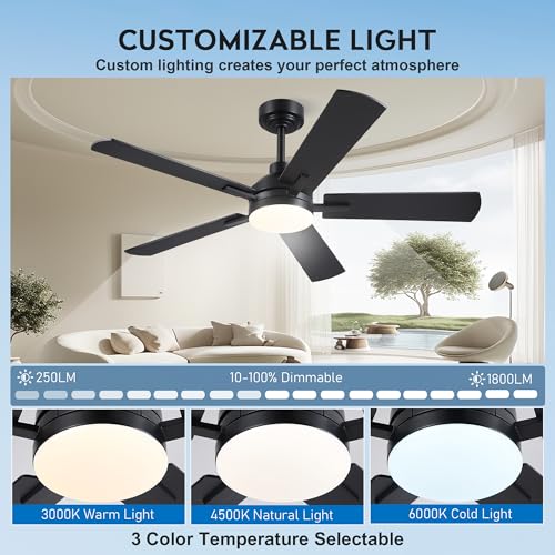 Image of JSAITEE Ceiling Fans with Lights and Remote, 46 inch Black Low Profile Fan Light-Flush Mount with 5 Reversible Blades,6 Wind Speeds 3CCT Dimmable, Indoor Light Fixture for Bedroom
