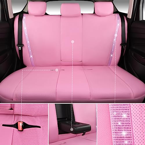 Image of CAR PASS Bling Diamond Car Seat Covers Full Set, Shining Rhinestone Waterproof Faux Leather, Rear with Zipper, Universal Fit Automotive Glitter Crystal Sparkle Strips for Cute Women Girl, Pink