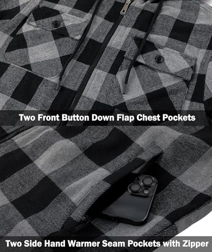 Image of V VALANCH Men's Flannel Shirt Jacket with Hood Fleece Lined Plaid Jacket Zip Up Winter Warm Coat