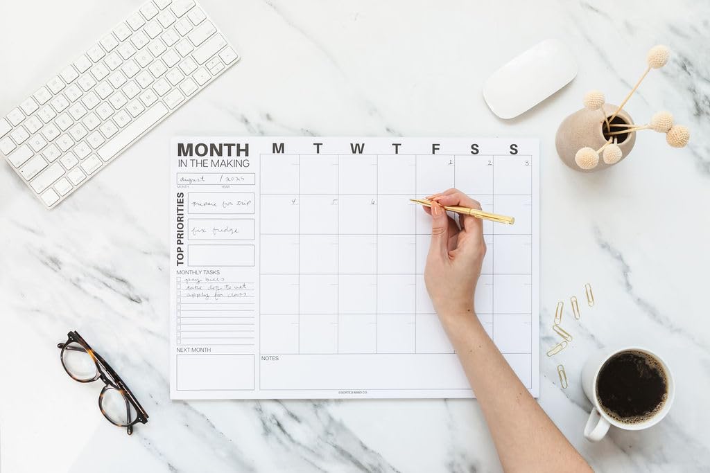Sorted Mind Co, calendario da scrivania e agenda mensile, 24 fogli grandi da strappare, formato A3 (29,7 x 41,9 cm), agenda non datata per ufficio, casa e studenti, organizer per obiettivi, attività e