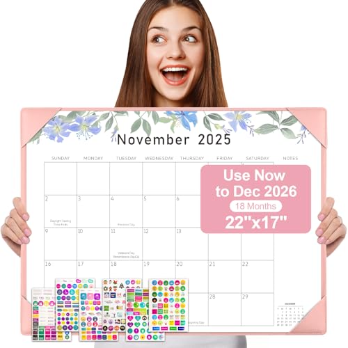 Gannyfer Desk Calendar 2026, Large 2026 Desk Calendar 22" x 17", Now to December 2026, 18 Monthly Pink Desktop Calendar 2025-2026 for Planning and Organization at Home, Office or School(6 Stickers Included)