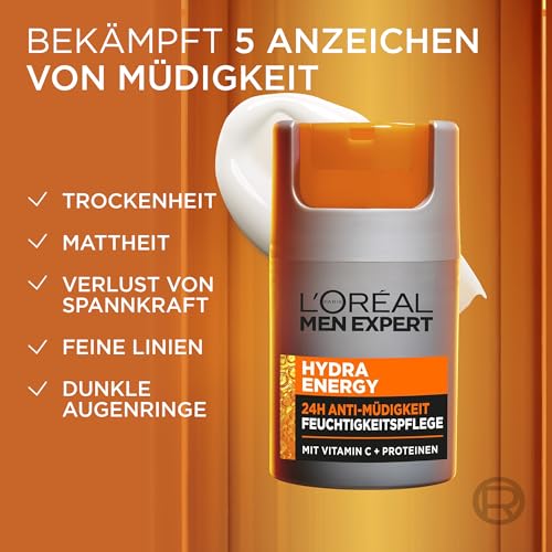 L'Oréal Men Expert Pflegeset gegen müde Haut für Männer, Geschenkset mit Waschgel und Gesichtscreme 24H Anti-Müdigkeit, Geschenke für Herren mit Vitamin C, Hydra Energy, 1 x 100 ml, 1 x 50 ml