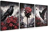 3 Piece Gothic Crow Canvas Wall Art Halloween Decor, Framed Dark Butterfly Aesthetic Pictures Prints, Goth Romantic Red Rose Wall Decor for Living Room Bedroom Halloween Decorations – 16x24in
