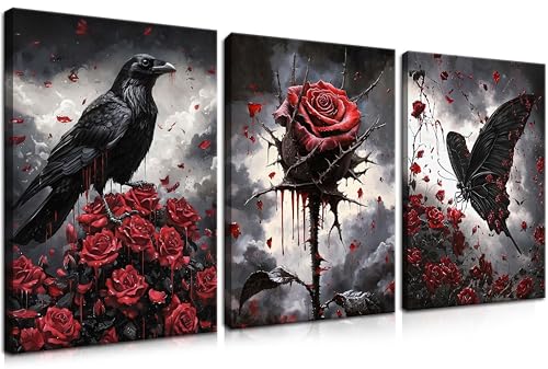 3 Piece Gothic Crow Canvas Wall Art Halloween Decor, Framed Dark Butterfly Aesthetic Pictures Prints, Goth Romantic Red Rose Wall Decor for Living Room Bedroom Halloween Decorations – 16x24in