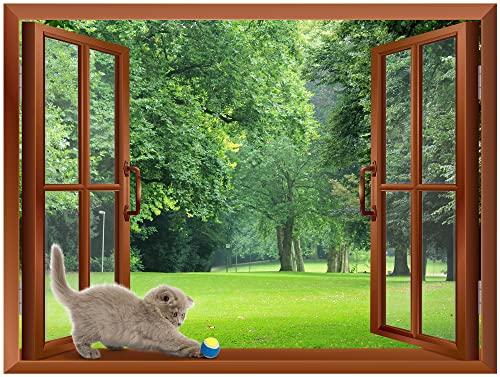 Wall26 - A Cat Playing With A Tennis Ball On The Windowsill | Removable Wall Sticker/Wall Mural - 24"X32" #TOP1