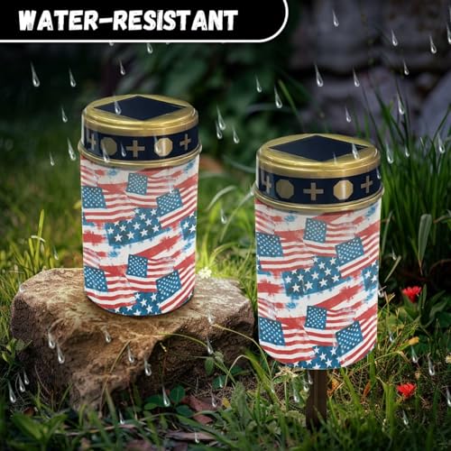 Image of Poceacles American Flag Red White Blue Solar Outdoor Lights Solar Grave Lights Cemetery Candles Decorative LED Automatic Flameless Candle Patriotic USA 250th Anniversary Pattern, 4 Piece