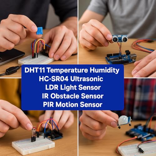 Image of (Pack of 5) Most Used Sensors - DHT11 Temperature Humidity, HC-SR04 Ultrasonic, LDR Light Sensor, IR Obstacle Sensor, PIR Motion Detector - DIY Electronics Starter Kit