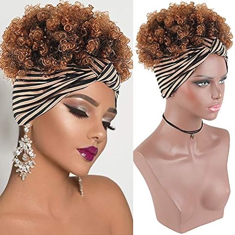 KRSI Afro Puff Faux Hair Bun Wigs with Soft Calico Pattern Headband Wigs for Black Women Cute Brown Wigs, Afro Kinky Curly Wig with Headband Attached Ponytail Wigs for Black Women(1B/30) Cover