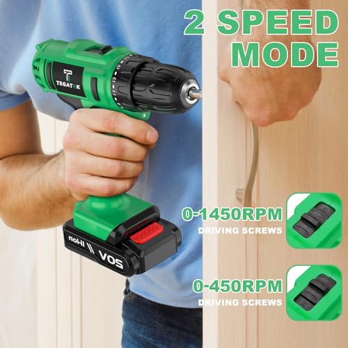 Tegatok 20V Cordless Drill Set, 3/8 Drills Handheld Drill Kit with 18+1 Torque Setting, LED Electric Power Drills Set with Battery and Charger, Electric Screwdriver Tools Kit, 2 Batteries