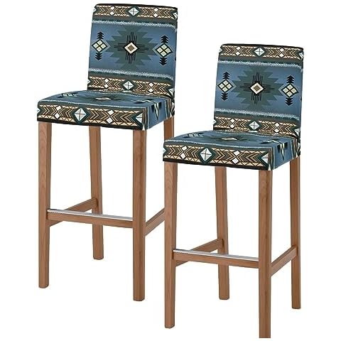 PIEPLE Blue Western Bar Stool Cover Set of 2, Southwest Modern Geometric Abstract Art Stretch Removable Bar Stool Chair Covers with Backs Pub Counter Stool Chair Slipcover for Dining Room Cafe Cover