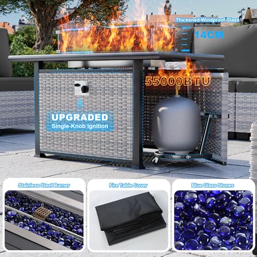 Image of 18-Piece Patio Furniture Set, Outdoor Patio Furniture with 55,000 BTU Fire Pit Table, Swivel Chairs Set, Thick Cushions, Modular Patio Sofa, Dual-Strand Wicker Rattan, Rust-Resistant Frame,Black